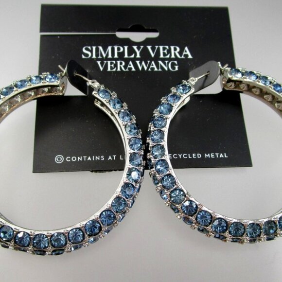 VERA WANG Glamorous Silver Blue Rhinestone Crystal 1.9" Hoop Earrings**NEW! - Picture 1 of 5
